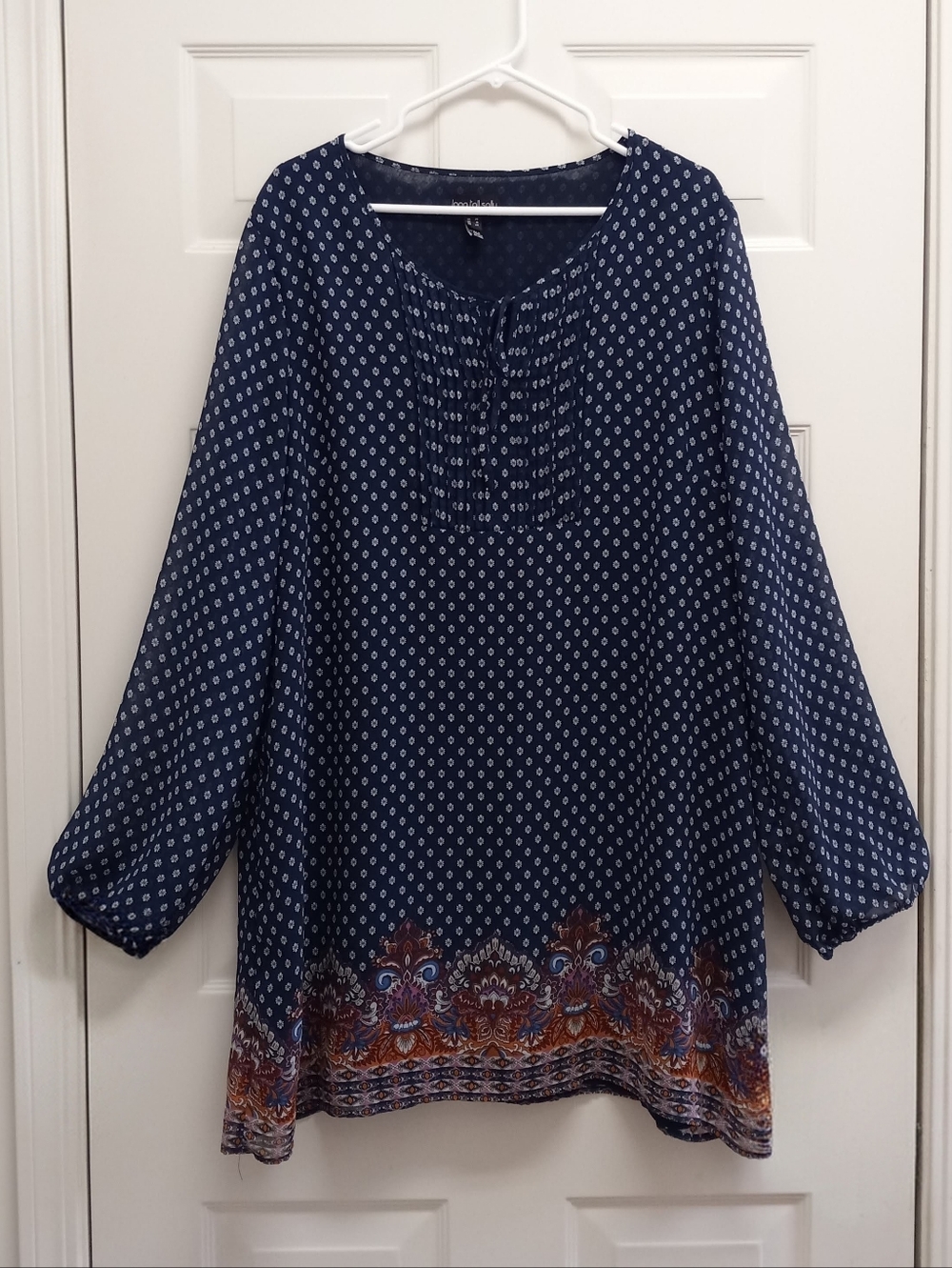 Long Tall Sally Boho Tunic Top Blue Size 16 Peasant Cottagecore Paisley Border